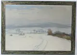 Winter landscape with a path through snow by István Halasi Horváth, 1942, oil on canvas, sold Dec 2025
