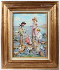 Children playing on a seashore by Konstantin Razumov, oil on canvas, sold Dec 2025