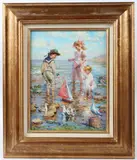 Children playing on a seashore by Konstantin Razumov, oil on canvas, sold Dec 2025