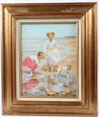Children with dog playing on a seashore by Konstantin Razumov, oil on canvas, sold Dec 2025