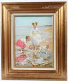 Children with dog playing on a seashore by Konstantin Razumov, oil on canvas, sold Dec 2025