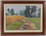 Landscape with track leading to a forest by Viktor Templin, oil on board, sold Dec 2025