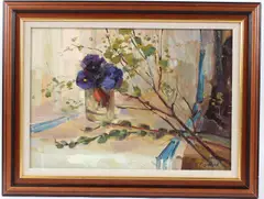 Spring flowers in a glass by Roman Podobedov, oil on board, sold Dec 2025