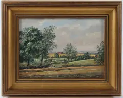 August Fields Stewkley Buckinghamshire by Edward Stamp, 1996, oil on board, sold Dec 2025