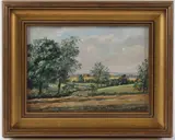 August Fields Stewkley Buckinghamshire by Edward Stamp, 1996, oil on board, sold Dec 2025