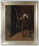 Mixed objects on a child's highchair by George Weissbort, 1964, oil on board, offered Dec 2025