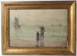 Figures on a beach pointing out to sea by Alfons Cogen, oil on canvas, offered Dec 2025