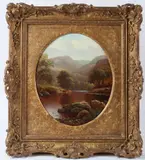 On the Conway, North Wales' Mountain landscape with cattle watering oil on canvas signed inscribed verso Cooling Gallery label oval 27.5 x 23cm by William Mellor, oil on canvas, sold Dec 2025