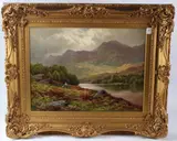 Loch Earn' Mountain landscape with figures on the Loch side oil on canvas signed inscribed verso 44 x 60cm by Henry Deacon Hillier-Parker, oil on canvas, offered Dec 2025