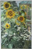 The Sunflower Corner' oil/acrylic on board inscribed verso 122 x 78cm by Norma Jameson, oil, sold Dec 2025