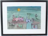 Mooncalf' mixed media on paper signed initial '22 29 x 41cm by Desmond Morris, mixed media on paper, sold Dec 2025