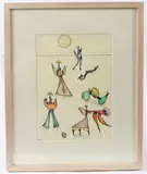 Figures and sun mixed media on paper by Desmond Morris, mixed media on paper, sold Dec 2025