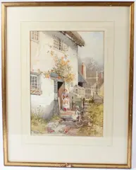 Woman and children on a cottage steps by Frederick John Widgery, watercolour, sold Dec 2025