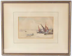 Barges on the Thames by Battersea Bridge by Herbert Marshall, 1889, watercolour, offered Dec 2025