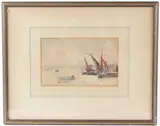 Barges on the Thames by Battersea Bridge by Herbert Marshall, 1889, watercolour, offered Dec 2025