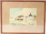 View of a riverbank with buildings and jetty by Maung Maung Mya, watercolour, sold Dec 2025
