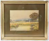 Landscape with figures on a riverbank by Parker Hagerty, watercolour, sold Dec 2025