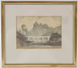 River landscape with stone bridge and hilltop ruins beyond by Lamorna Birch, watercolour, sold Dec 2025