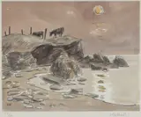 Colour print – cattle on headland near Porth Cwyfan by Kyffin Williams, print, sold Jul 2024