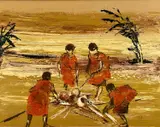 Beach Potters by Jade Tripp, oil on board, offered Jul 2024