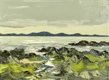 Rocky Coastline, a low tide by Martin Llewellyn, oil on canvas, sold Jul 2024