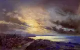 Sunset over Lligwy Bay by Keith Shone, pastel, sold Jul 2024