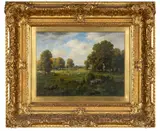 Landscape with sheep by Claude E. Picault, oil on board, sold Jun 2024