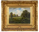 Landscape with sheep by Claude E. Picault, oil on board, offered Jun 2024