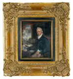 Seated half length wearing by Charles Bestland, oil, sold Jun 2024