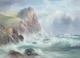 watercolour - waves crashing on rocky cliffs, signed, 52 x by John Clarkson Isaac Uren, watercolour, sold Jun 2024