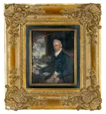 Seated half length wearing by Charles Bestland, oil, offered Apr 2024