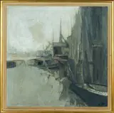 The Thames at Rotherhithe by David Tindle, oil on board, offered Apr 2024