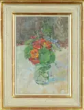 Nasturtiums and Campanula at Llywnhir by Diana Armfield Ra Rwa Msia, oil on board, sold Apr 2024