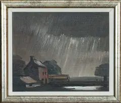 oil on board - Storm at Farm, landscape with farm buildings and by Theodore Major, oil on board, sold Apr 2024