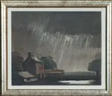 oil on board - Storm at Farm, landscape with farm buildings and by Theodore Major, oil on board, sold Apr 2024