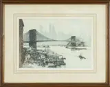 Brooklyn Bridge by Luigi Kasimir, Etching NY Skyline + Brooklyn Bridge', sold Apr 2024