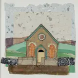 Textile collage - isolated chapel and landscape by Cefyn Burgess, oil, sold Apr 2024