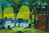 Shaded Barns by John Elwyn, acrylic on paper, sold Apr 2024