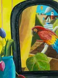 Parrot and Mirror by Emrys Williams, acrylic on panel, sold Apr 2024