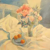 Still life of a vase of flowers and by Rita Smith, oil on board, sold Apr 2025