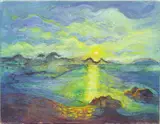 Coastal sunset in blues and greens by Rita Smith, oil on canvas, sold Apr 2025