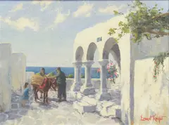 Aegean Street Scene, Parikia, Paros by Ernest Knight, 1978, oil on canvas, sold Apr 2025