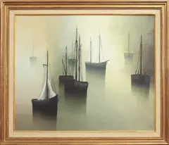 Boats in a sunlit harbour by Gilbert Bria, oil on canvas, sold Mar 2025
