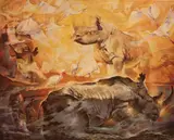 Rhinos and egrets limited edition colour print by Nico Vosloo, print, offered Mar 2025