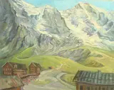 Alpine mountain village landscape by Rita Smith, oil on canvas, offered Feb 2025