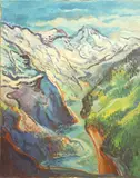 Alpine mountain valley landscape by Rita Smith, oil on canvas, offered Feb 2025
