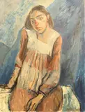 Portrait of a young lady in a pink and by Rita Smith, oil on board, sold Feb 2025