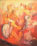 Jazz band in hot colours by Rita Smith, oil, sold Feb 2025