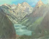 Alpine lake landscape by Rita Smith, oil on canvas, sold Jan 2025