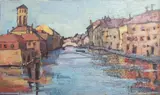 Continental townscape with river by Rita Smith, oil on board, sold Jan 2025